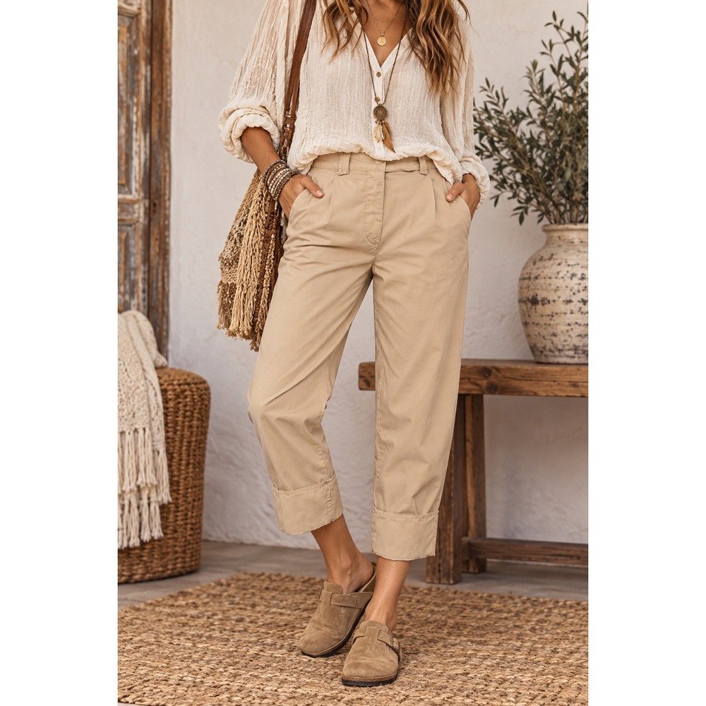 By Anthropologie High-Cuff Chino Pants Khaki Tan Size 0 NWOT FLAW